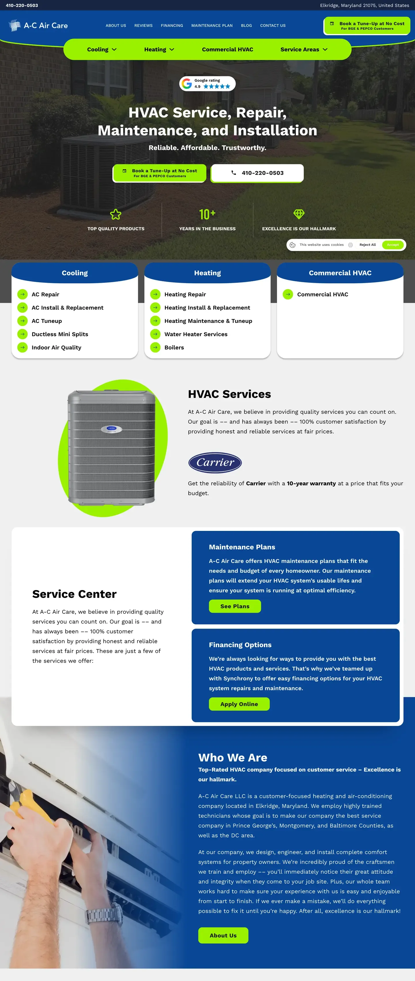 The A-C Air Care website on a desktop screen