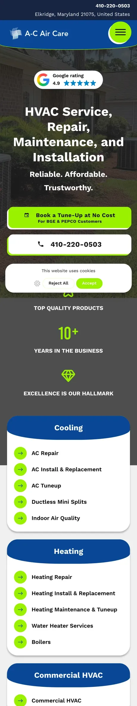 The A-C Air Care website on a phone