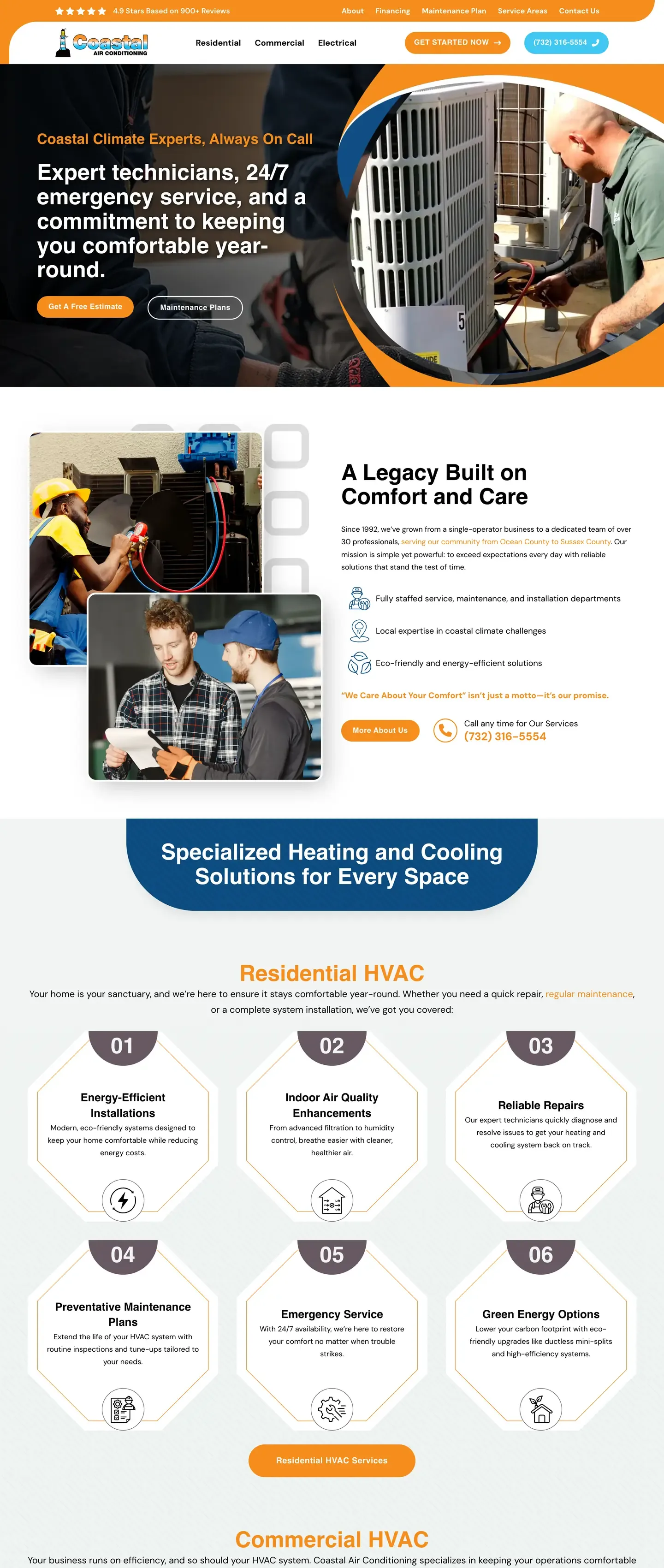 The Coastal Air Conditioning website on a desktop screen