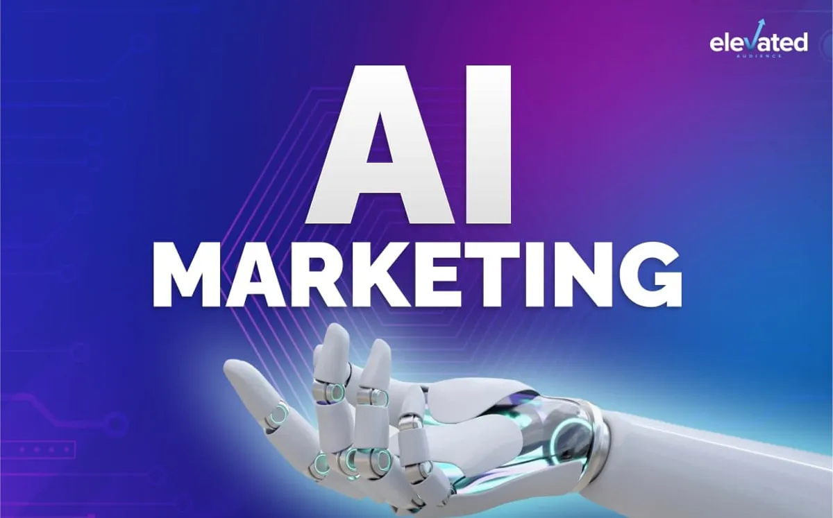 Cover graphic reading 'AI Marketing' above an open robotic hand, set against a purple and blue circuit-board background.