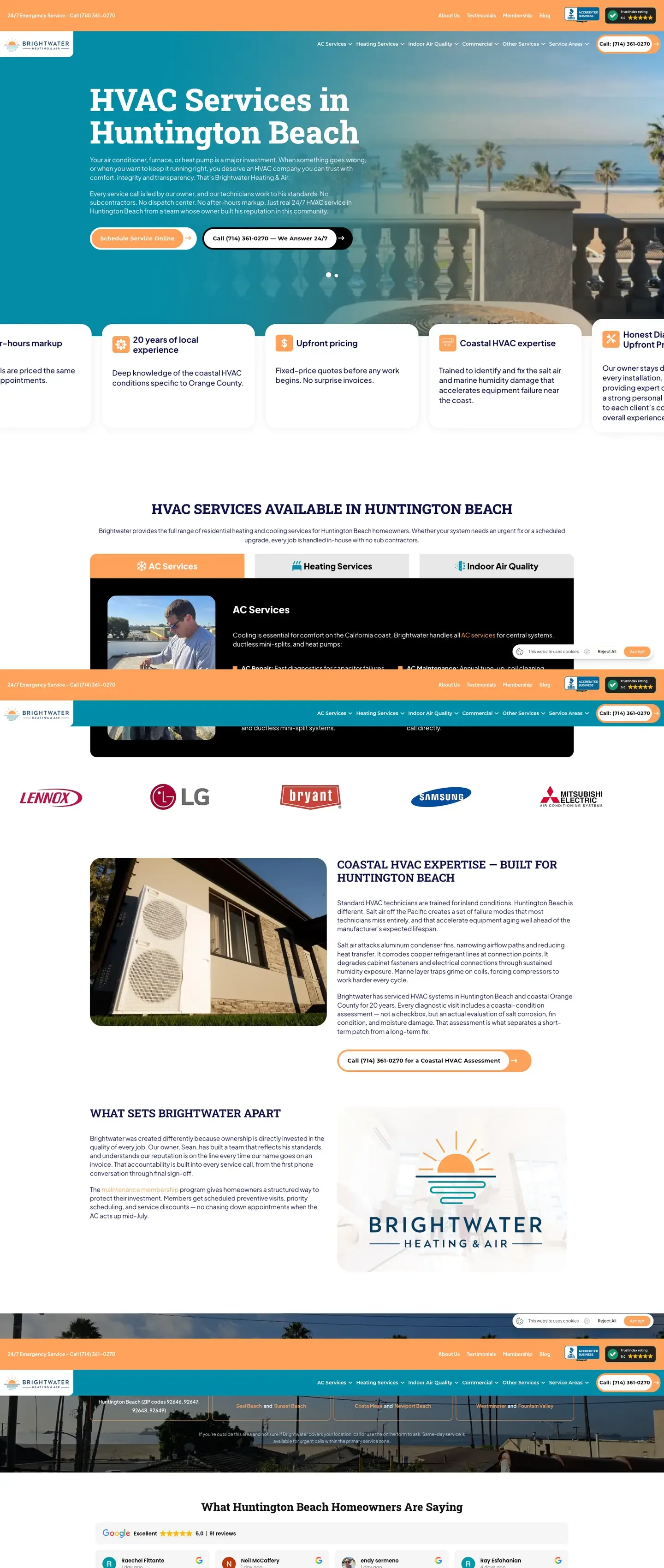The Brightwater Heating & Air website on a desktop screen
