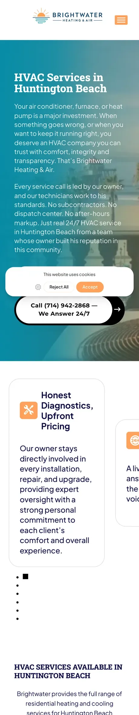 The Brightwater Heating & Air website on a phone