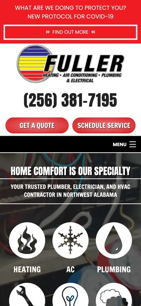 The Fuller Heating, Air Conditioning, Plumbing & Electrical website on a phone as it was, archived May 26, 2024