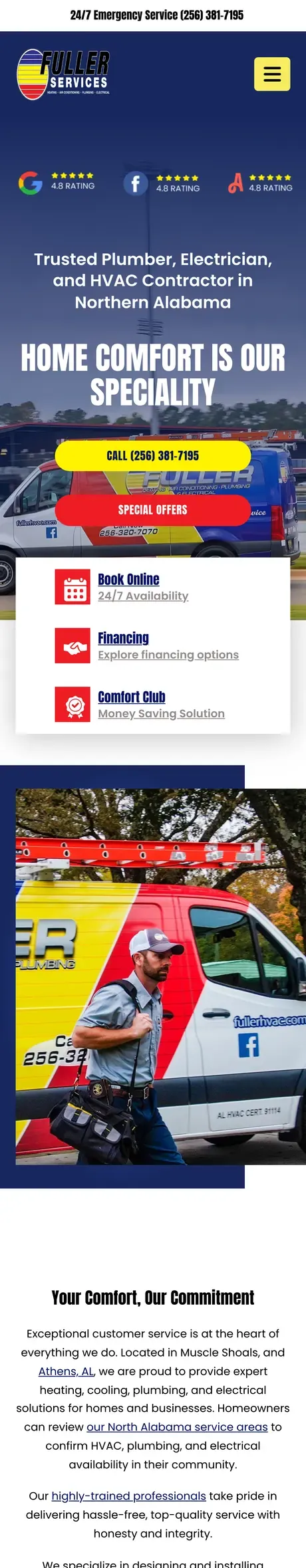 Fuller Services mobile website with prominent call and booking options