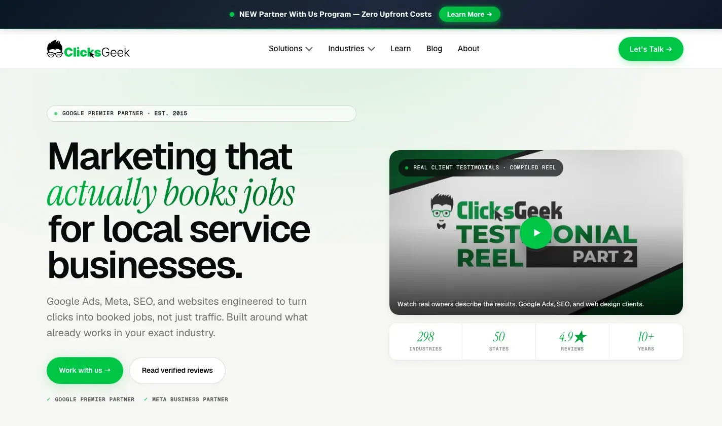 Clicks Geek homepage hero reading “Marketing that actually books jobs for local service businesses.”