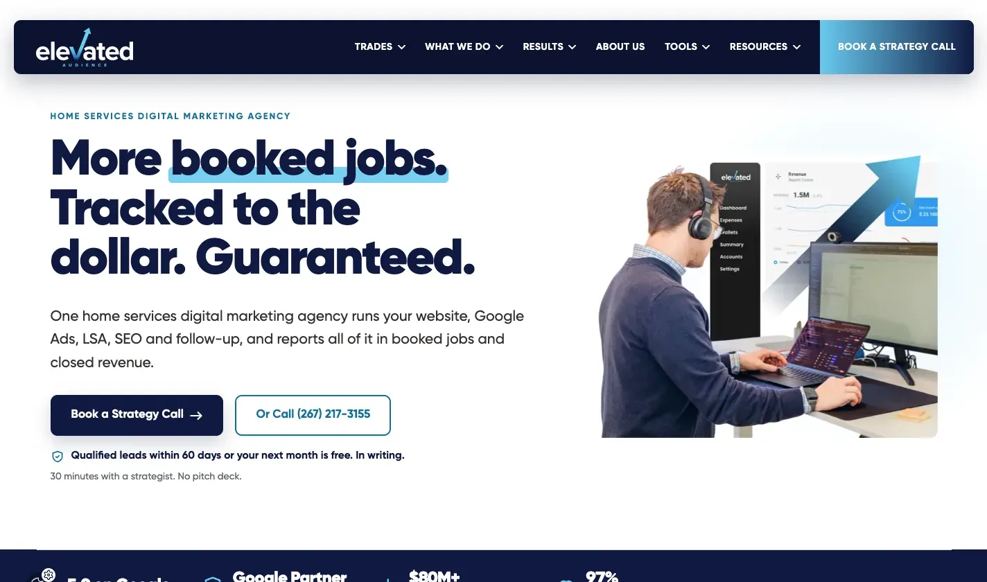 Elevated Audience homepage hero reading “More booked jobs. Tracked to the dollar. Guaranteed.” with a Book a Strategy Call button.