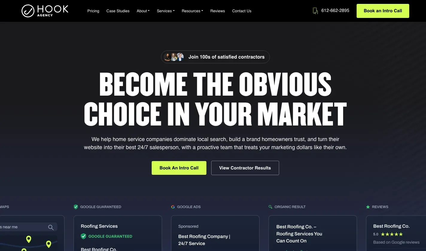 Hook Agency homepage hero reading “Become the obvious choice in your market.”