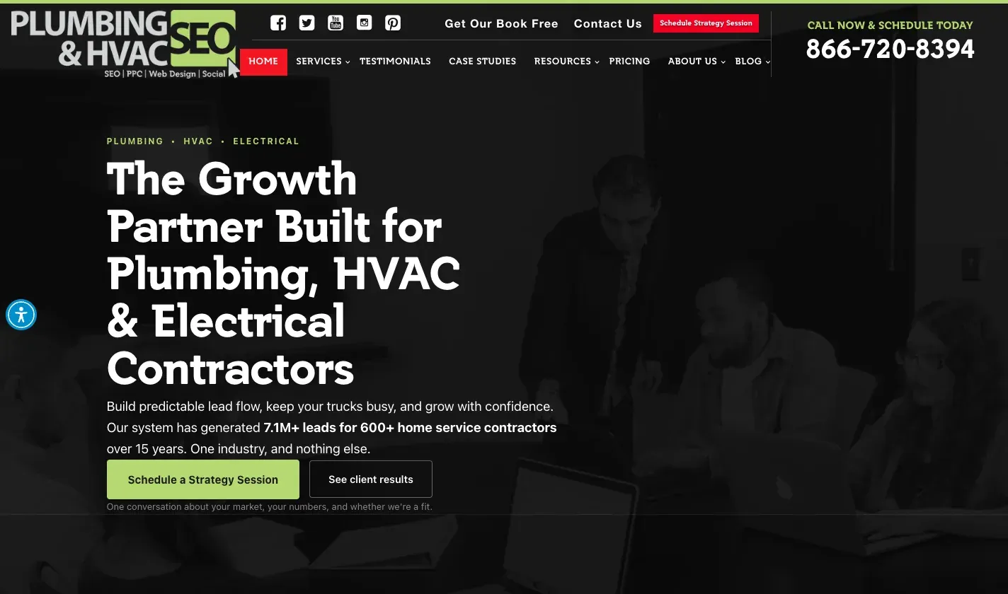 Plumbing &amp; HVAC SEO homepage hero reading “The growth partner built for plumbing, HVAC and electrical contractors.”