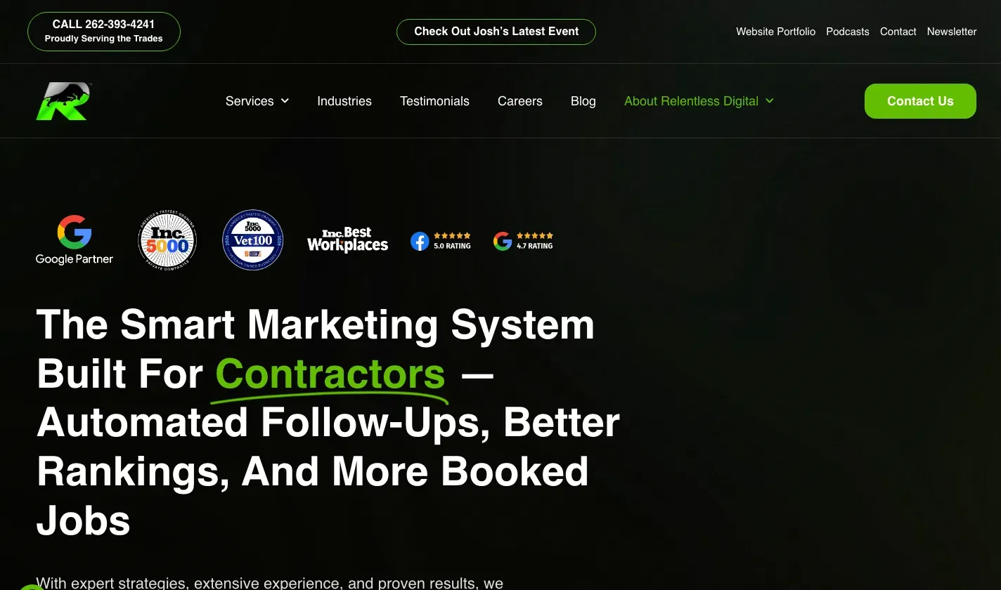 Relentless Digital homepage hero reading “The smart marketing system built for contractors” under Google Partner and Inc. badges.