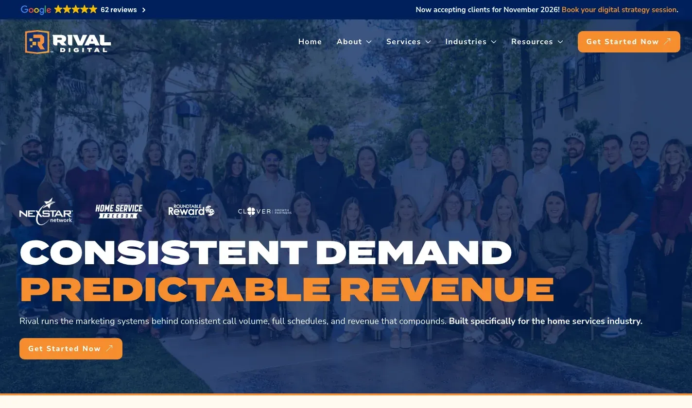 Rival Digital homepage hero reading “Consistent demand, predictable revenue” over a team photo.