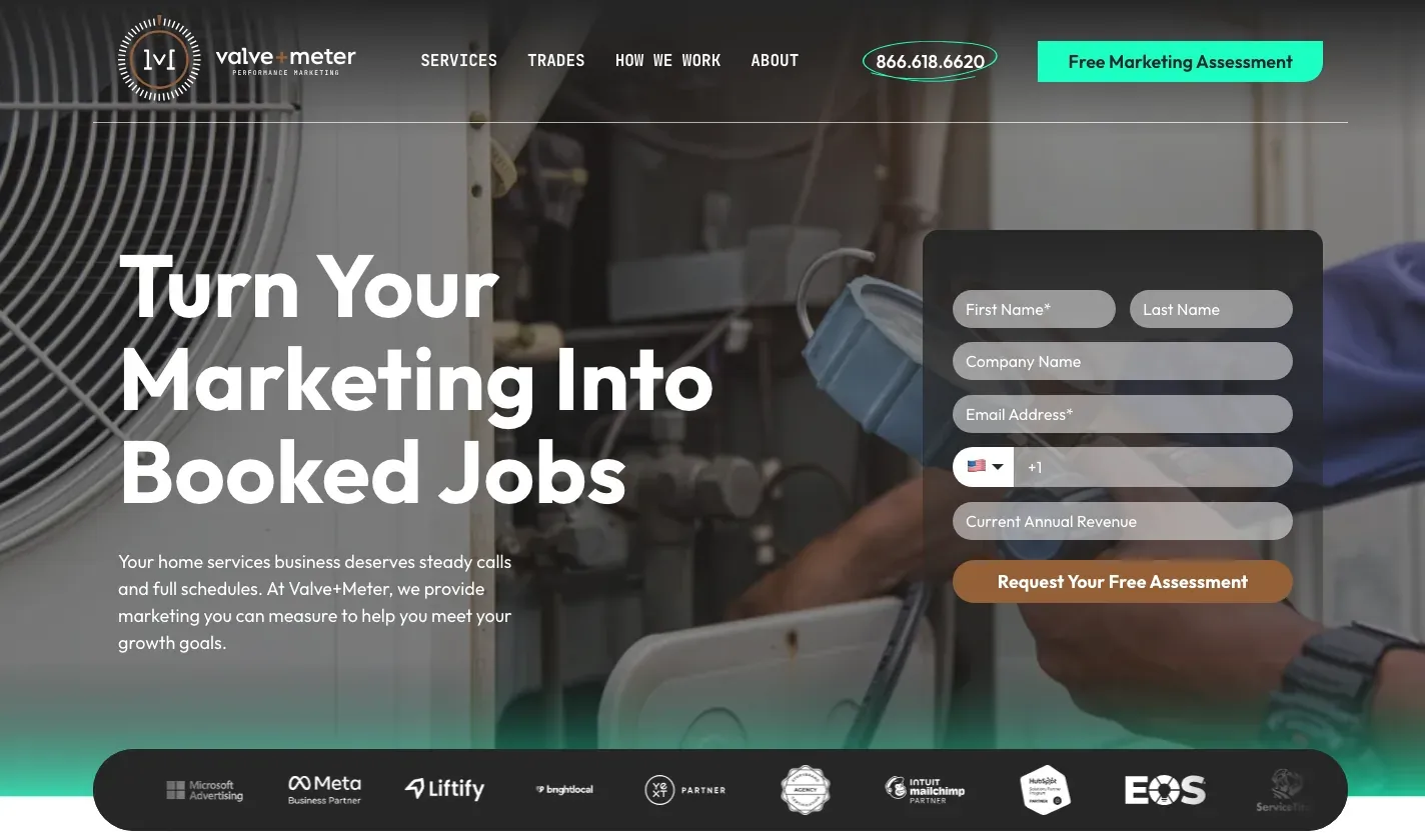 Valve+Meter homepage hero reading “Turn your marketing into booked jobs” beside a free assessment form.