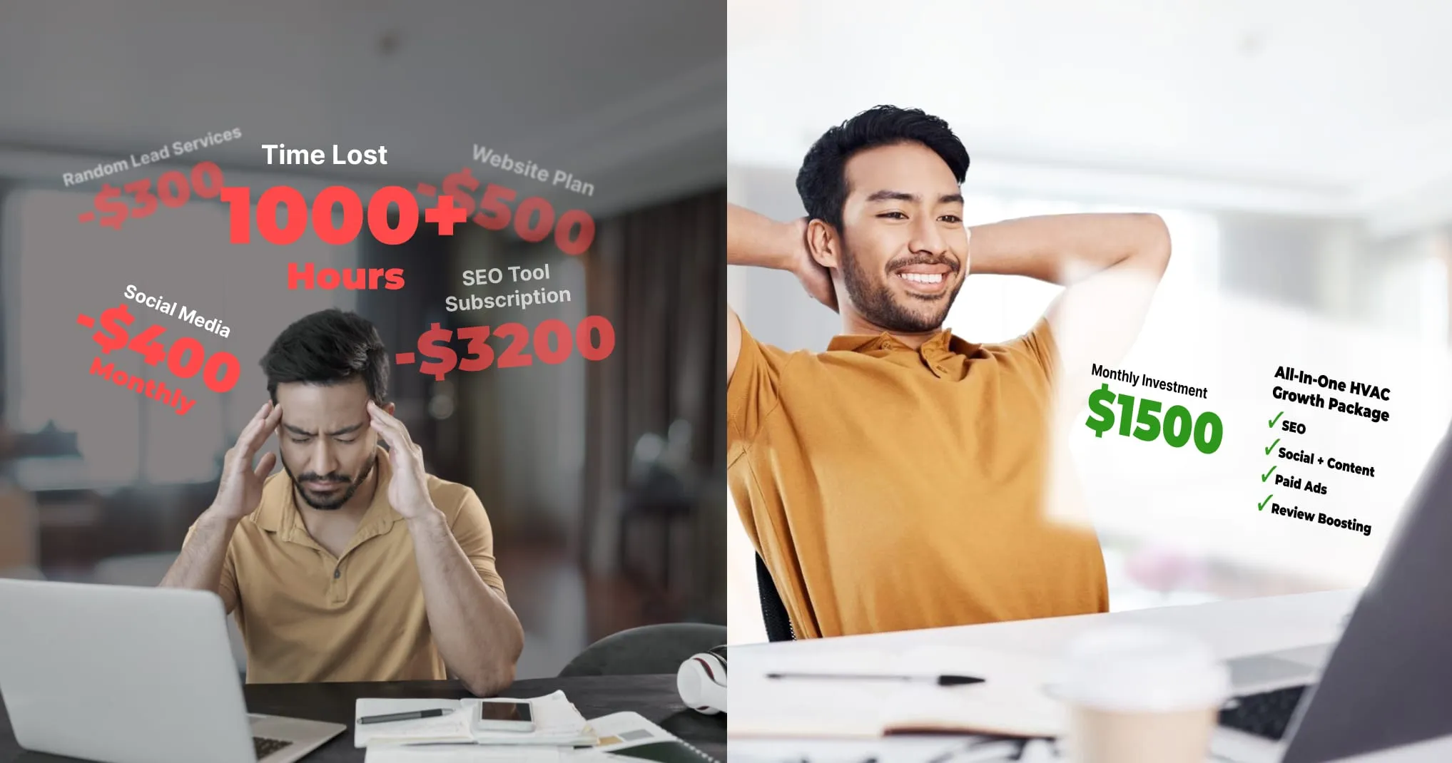 Split comparison: on the left a stressed contractor at a laptop surrounded by red piecemeal costs and 1000+ hours lost; on the right a relaxed contractor beside a $1,500 monthly all-in-one HVAC growth package.