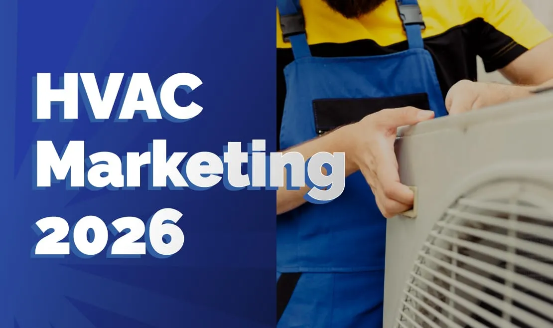 HVAC Marketing 2026 illustration of a technician servicing an air-conditioning unit.
