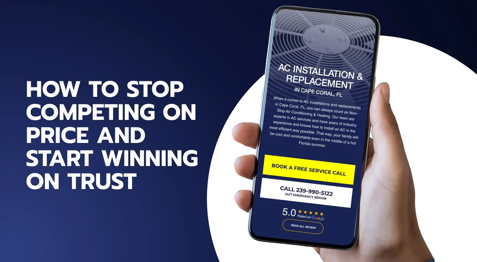 Mobile HVAC landing page illustrating a shift from competing on price to building trust.