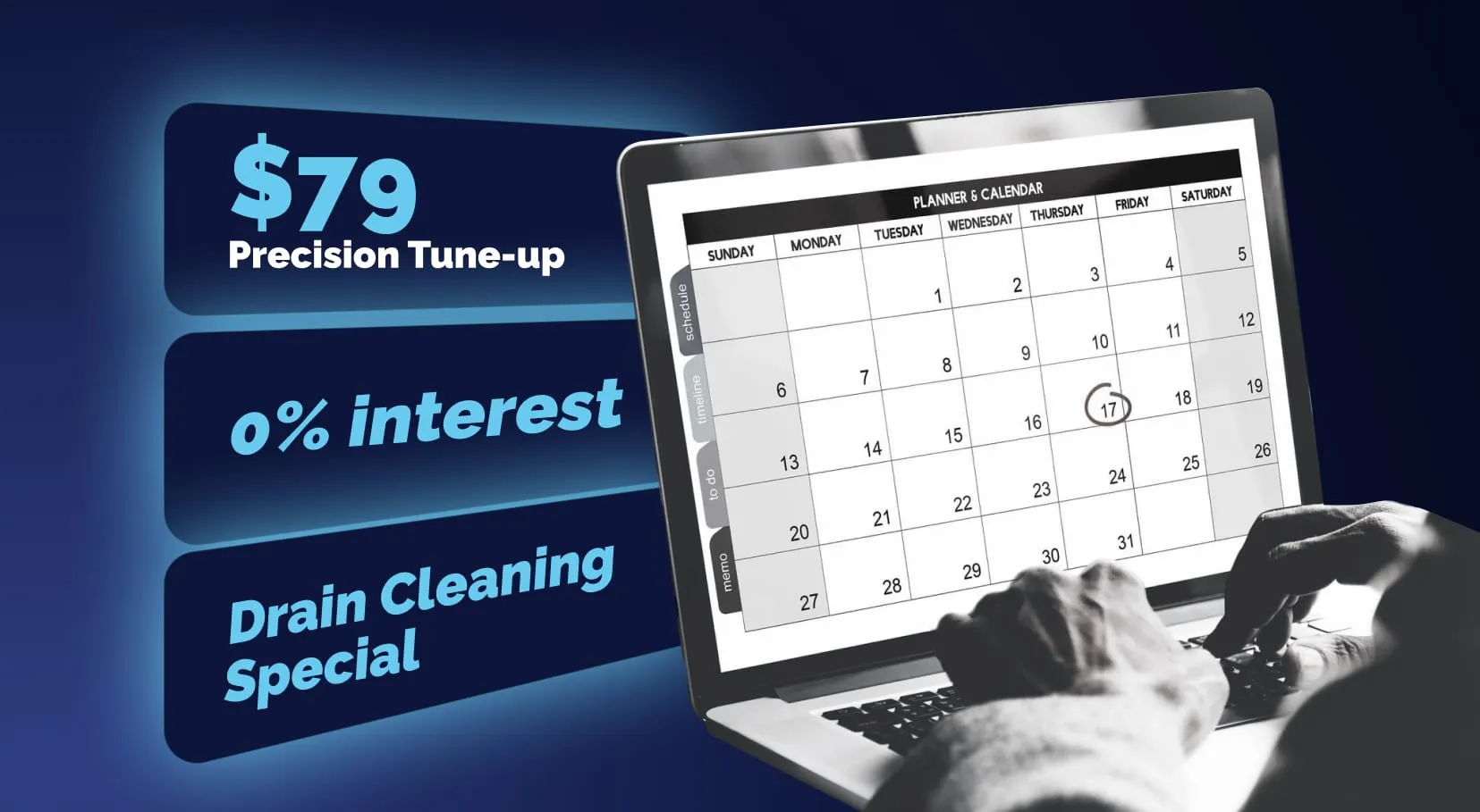 Seasonal marketing calendar with example offers for a $79 tune-up, zero-percent financing and drain cleaning.