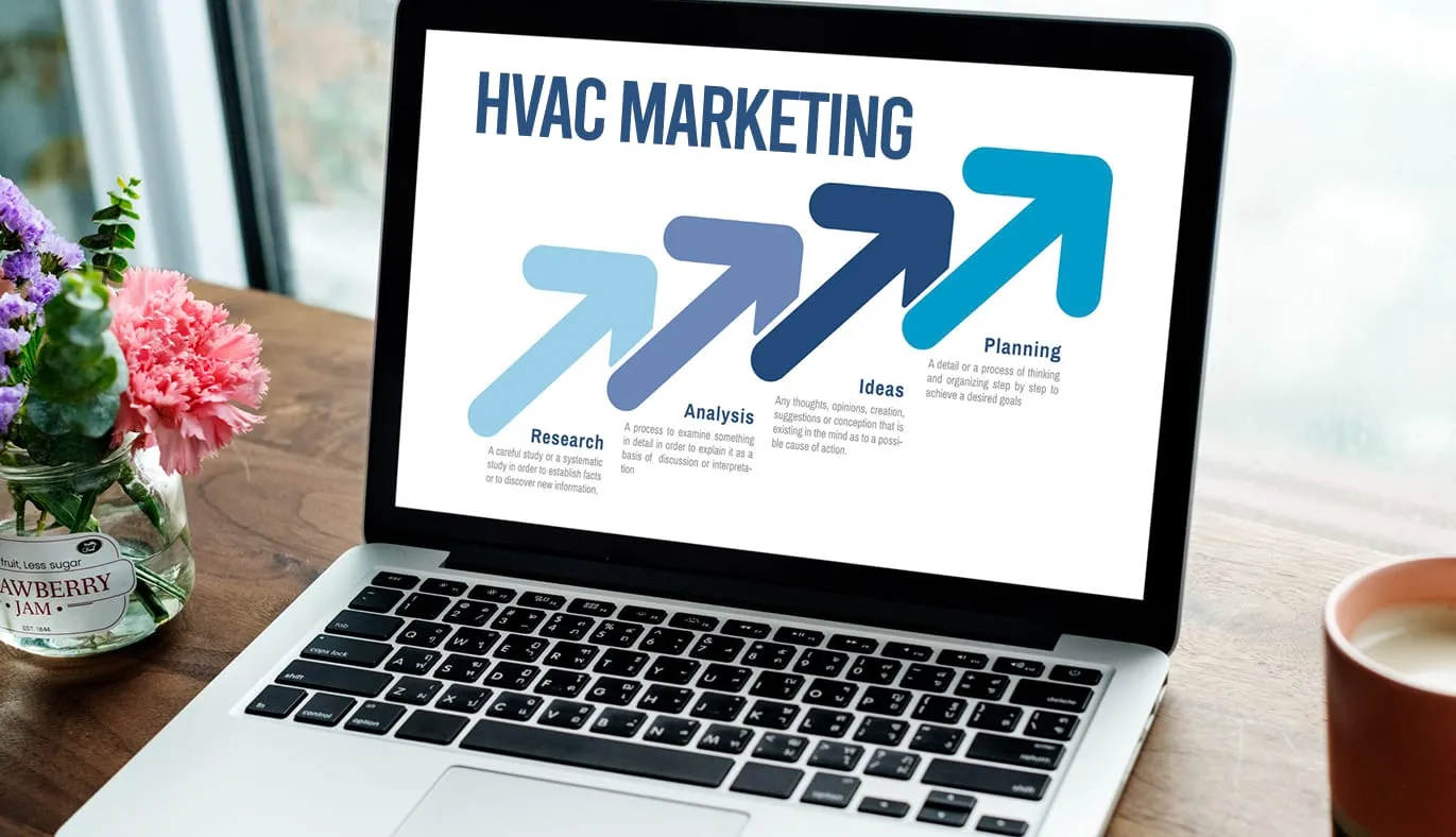 Laptop on a desk displaying an 'HVAC Marketing' diagram of four ascending arrows labelled Research, Analysis, Ideas and Planning.