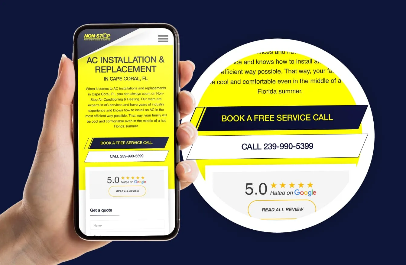 Mobile HVAC landing page with a prominent service-call button, phone number and Google reviews.