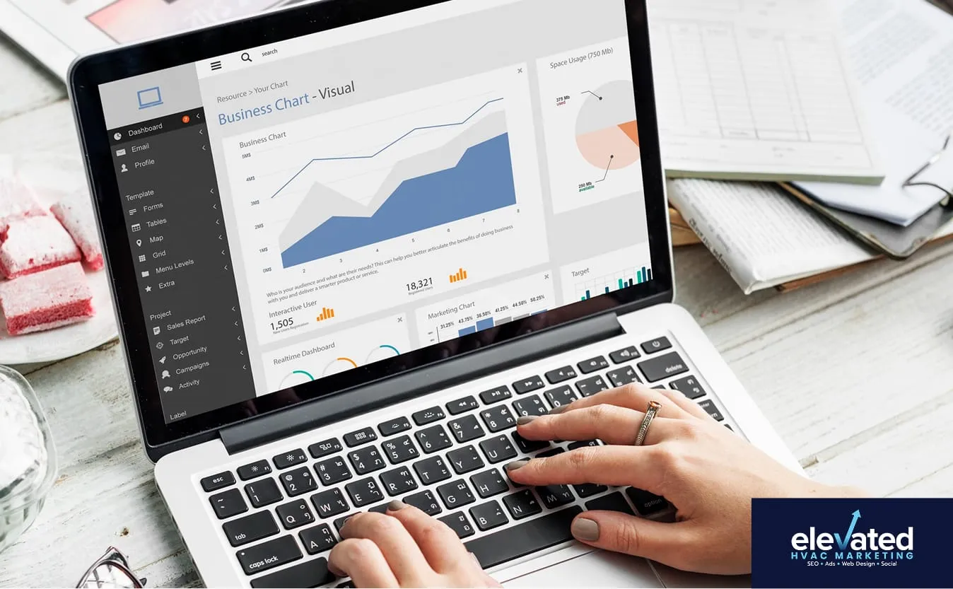 Illustration of a marketing performance chart displayed on a laptop.