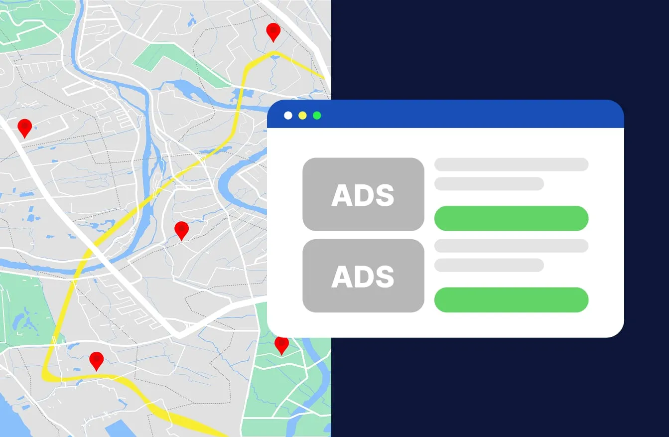 Illustration pairing local map coverage with paid search ads.