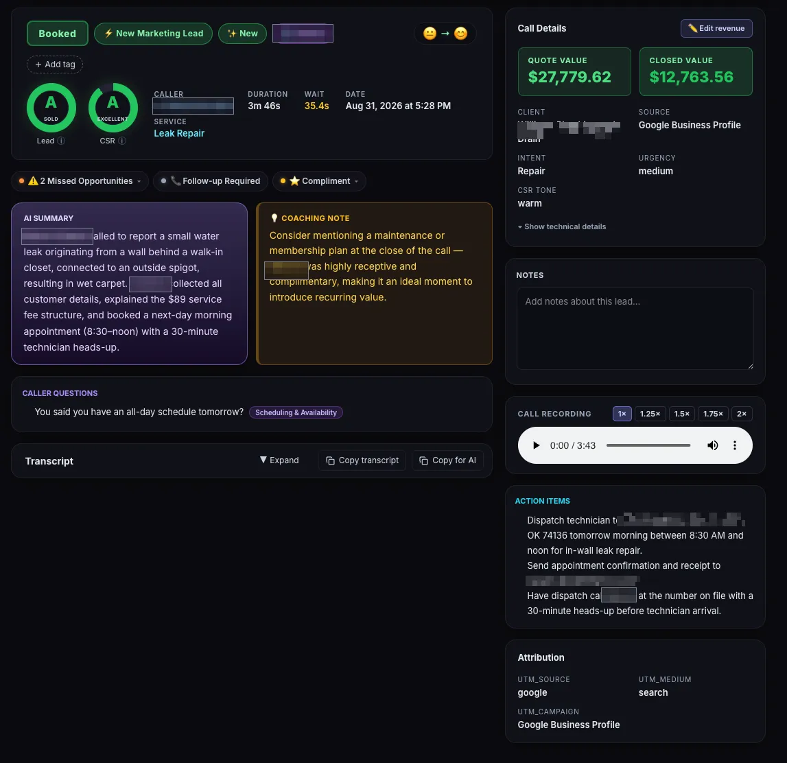 Inbound Intel AI call analysis showing a booked outcome, lead and CSR grades, missed opportunities, an AI summary, a coaching note and the quoted and closed values, with the caller and CSR names and the caller's number redacted