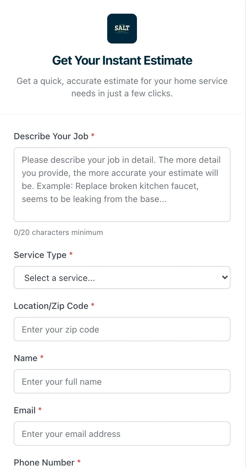 Instant Estimator AI on SALT Service Co’s website, asking for job details, service type, and homeowner contact information