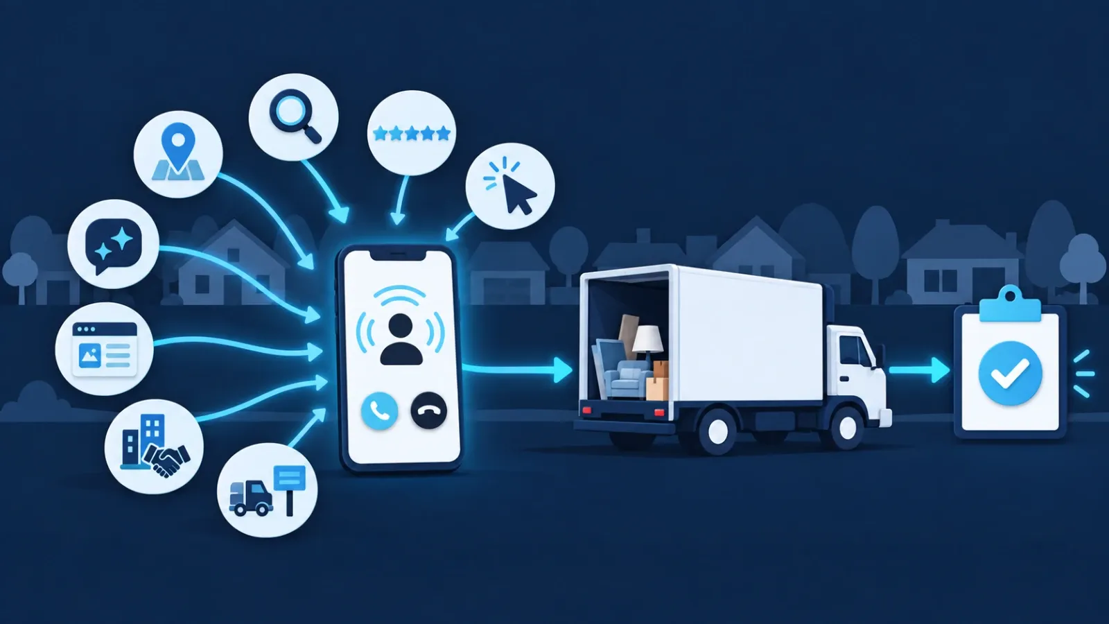 Eight marketing channel icons feed into an incoming call, a loaded junk removal truck and a confirmed booking.
