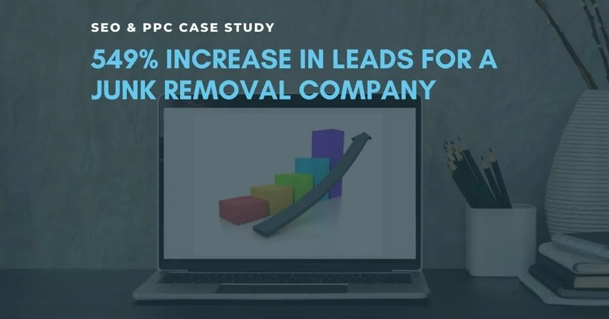 Cover graphic reading 'SEO & PPC Case Study: 549% Increase in Leads for a Junk Removal Company' over a laptop showing a rising bar chart.