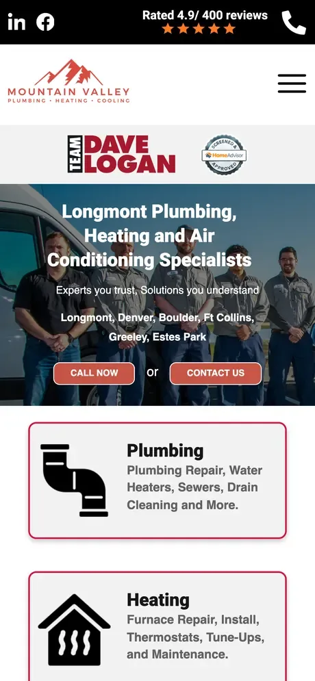 The Mountain Valley Plumbing, Heating & Cooling website on a phone as it was, archived March 12, 2026