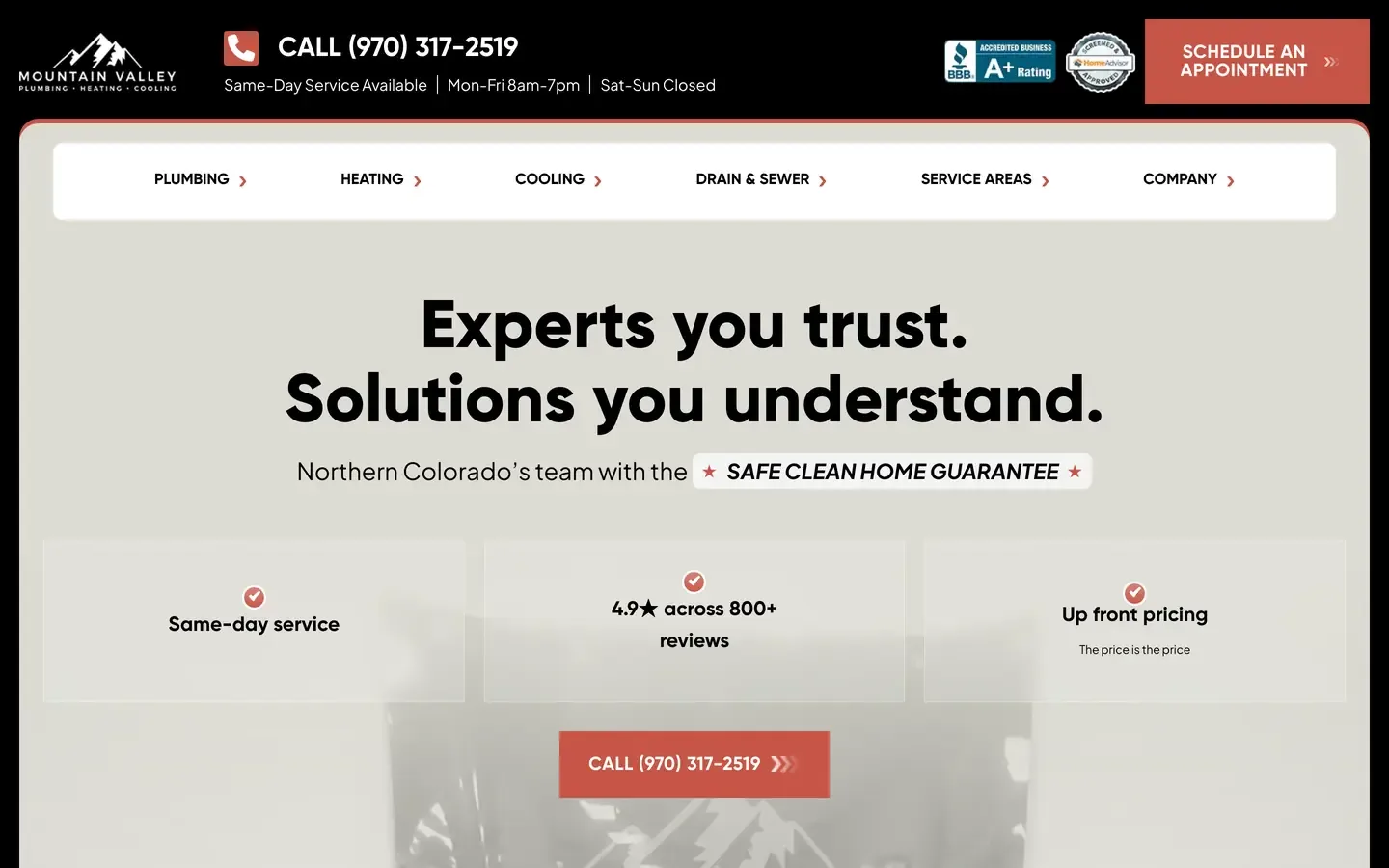 The Mountain Valley Plumbing, Heating & Cooling website after the rebuild