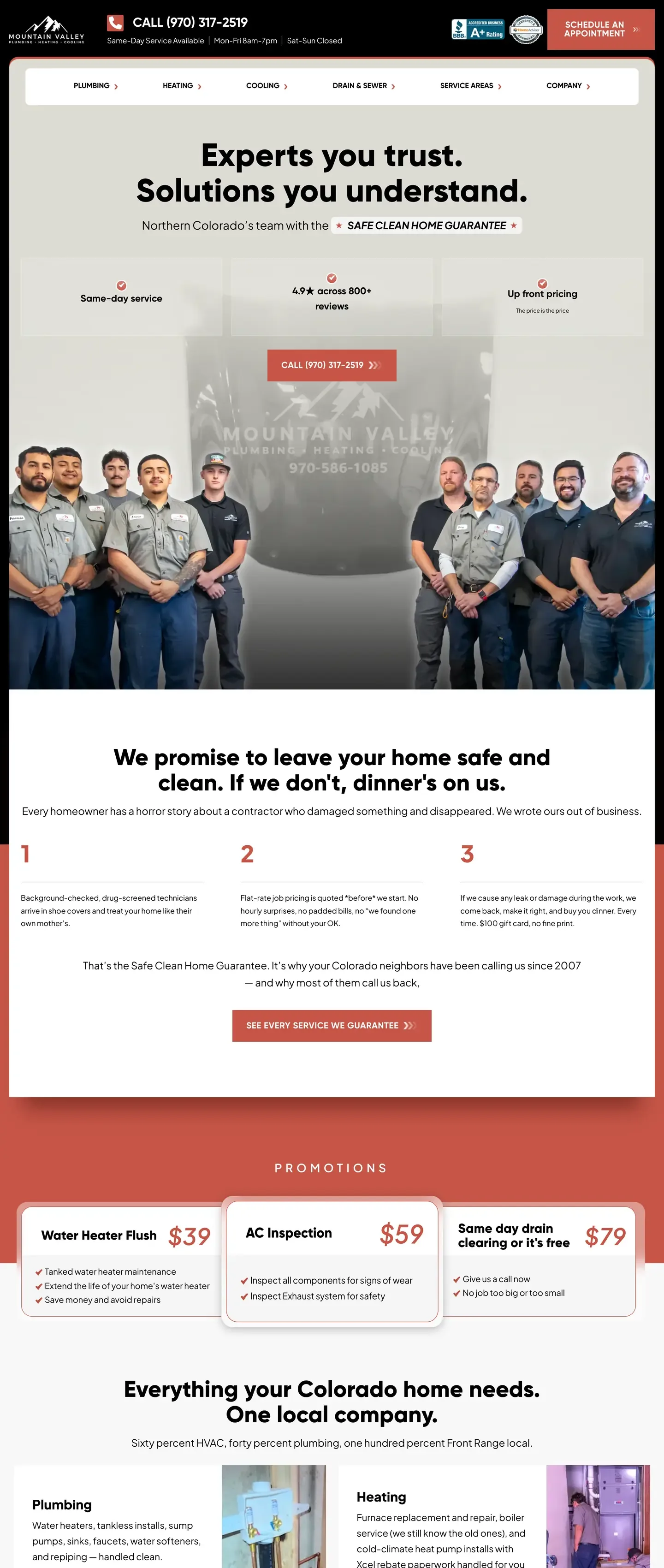 The Mountain Valley Plumbing, Heating & Cooling website on a desktop screen