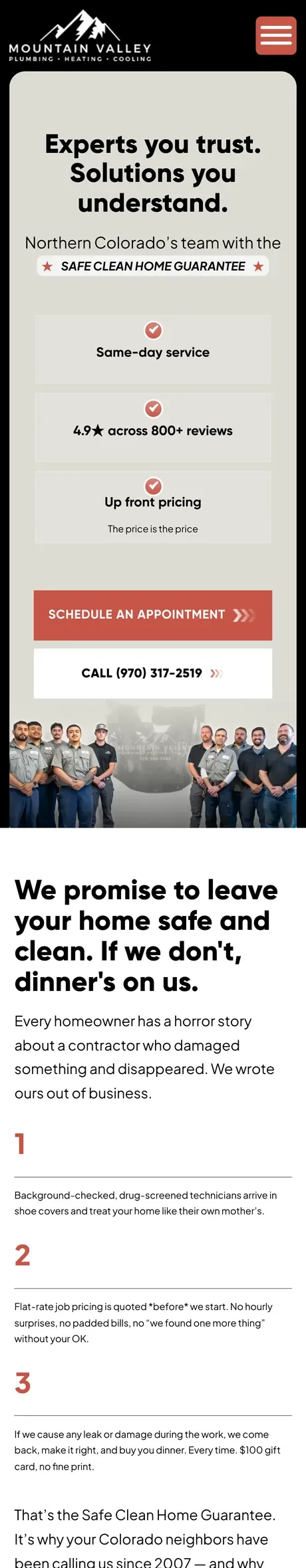 The Mountain Valley Plumbing, Heating & Cooling website on a phone