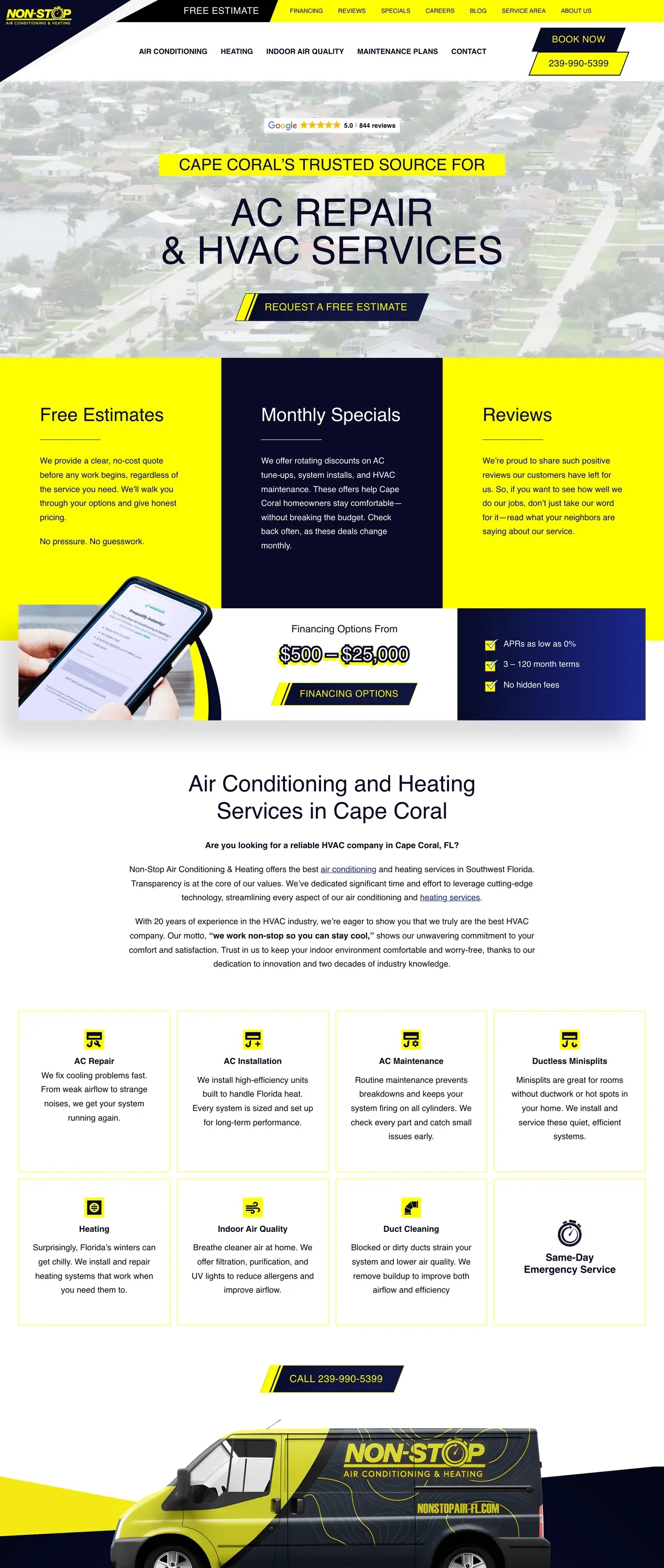 The Non-Stop Air Conditioning & Heating website on a desktop screen