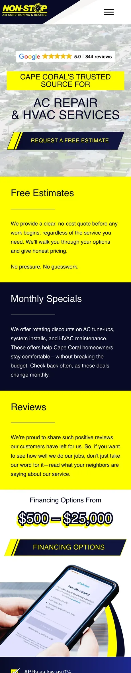 The Non-Stop Air Conditioning & Heating website on a phone