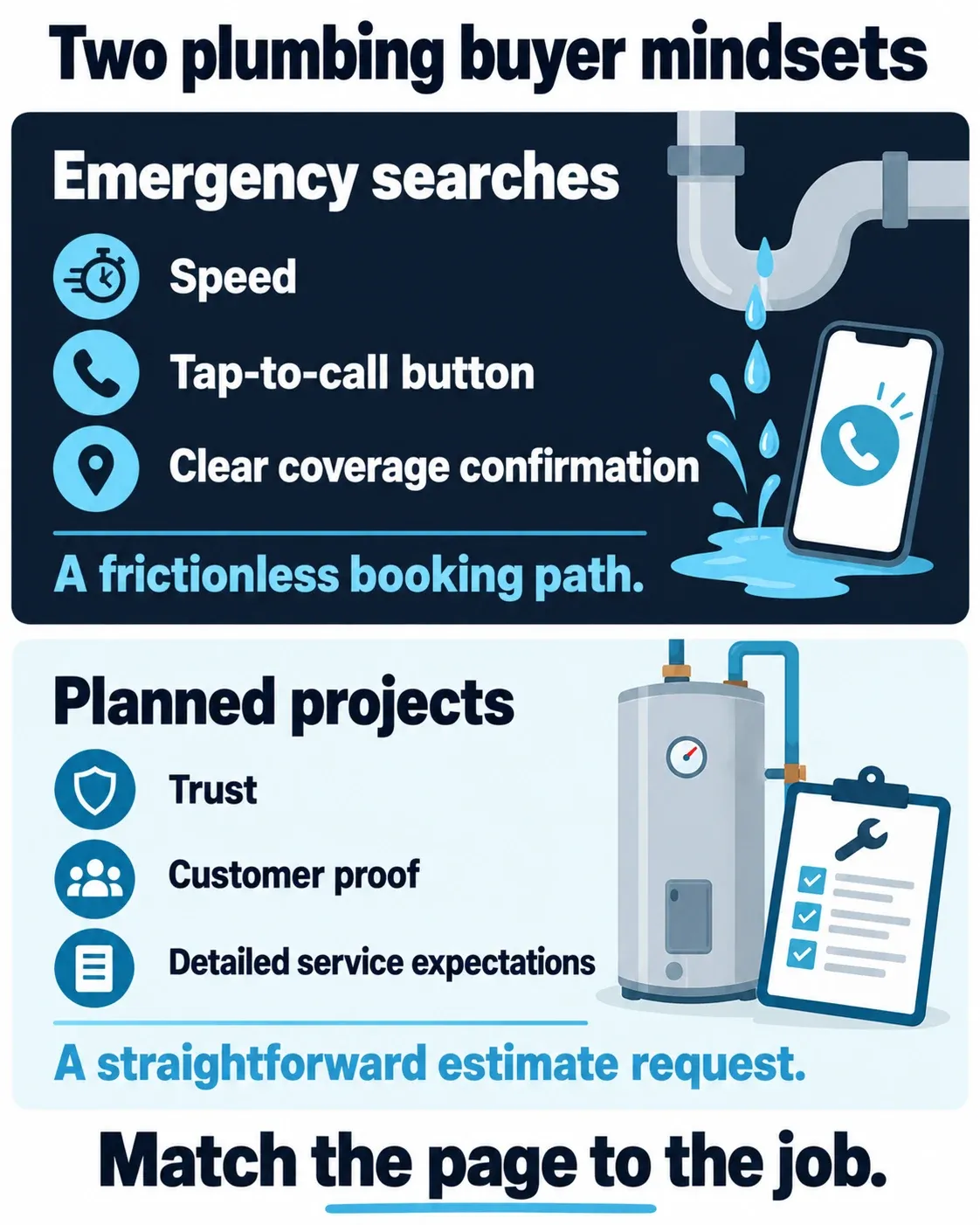 Emergency searches need speed, a tap-to-call button, coverage confirmation and frictionless booking. Planned projects need trust, customer proof, detailed expectations and a straightforward estimate request.