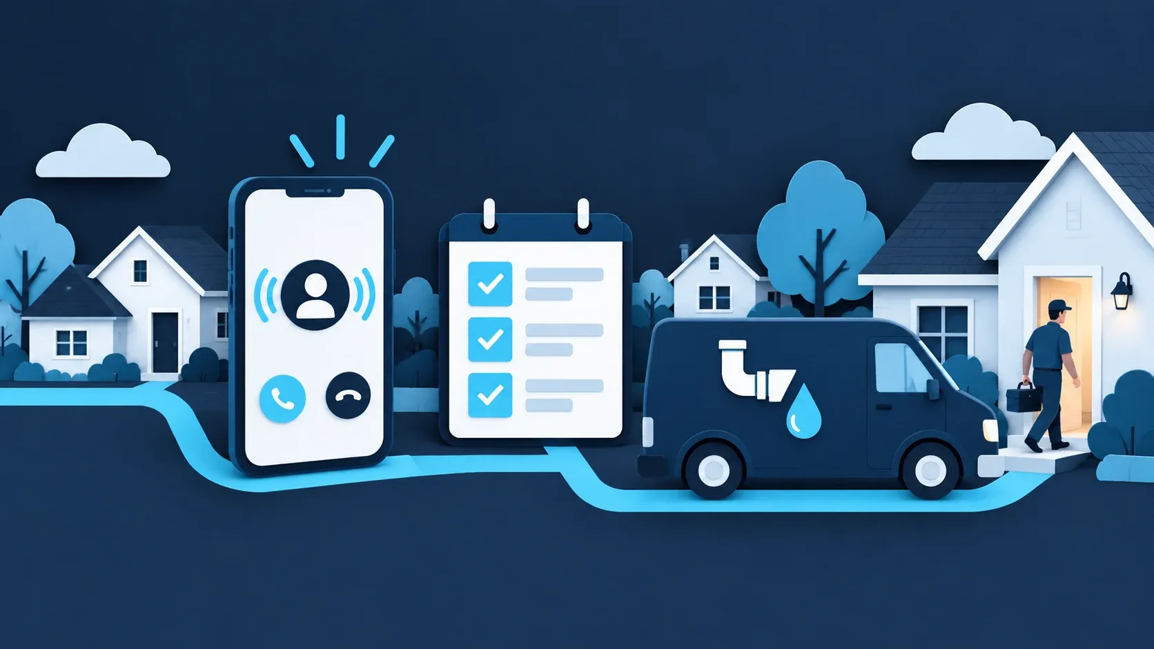 Illustration of incoming plumbing calls connecting to a scheduling board and a service van.