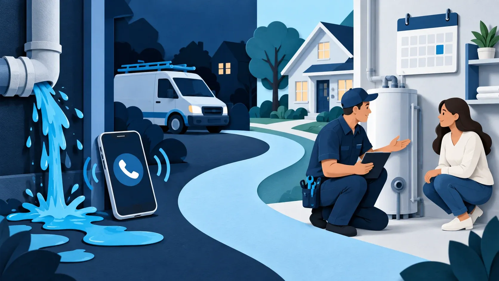 Illustration contrasting an urgent plumbing call with a planned water heater consultation and future appointments.