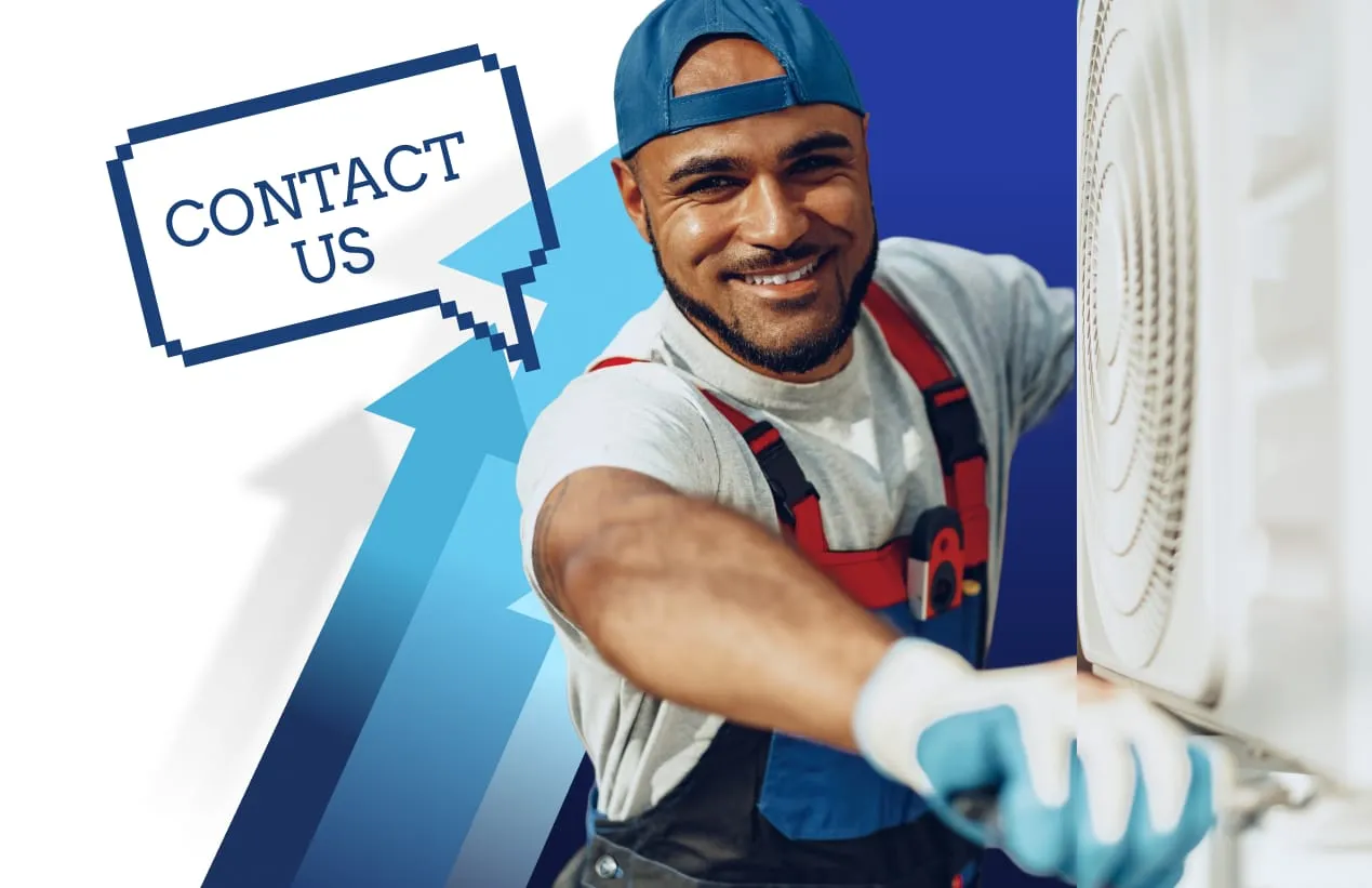 Smiling HVAC technician in a backwards cap servicing an outdoor condenser unit beside a 'Contact Us' speech bubble and rising blue arrows.
