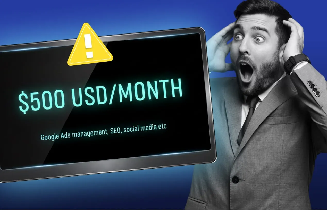 Shocked businessman reacting to $500 per month HVAC marketing, illustrating that cheap marketing isn’t cheap—just slow failure with a monthly invoice.
