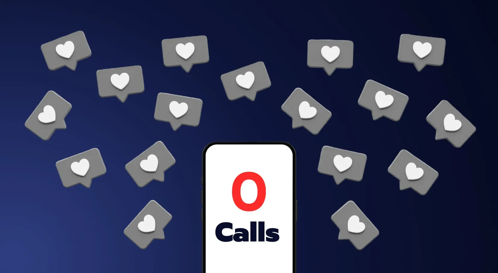 Illustration of social media likes surrounding a phone showing zero calls.