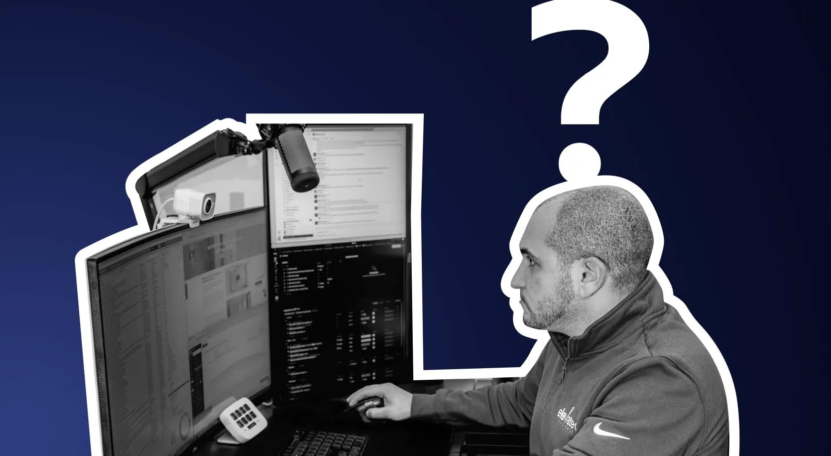 A business owner reviews marketing reports with a question mark above his head.