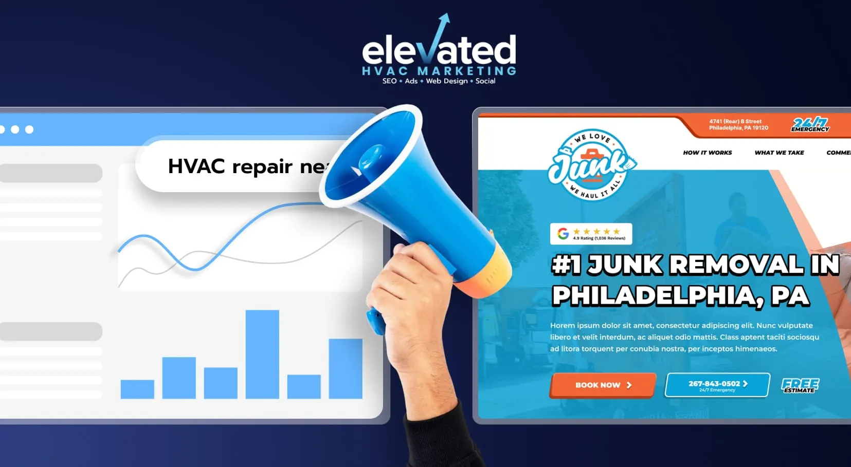 Illustration combining an HVAC search, a marketing chart and a junk-removal landing page.