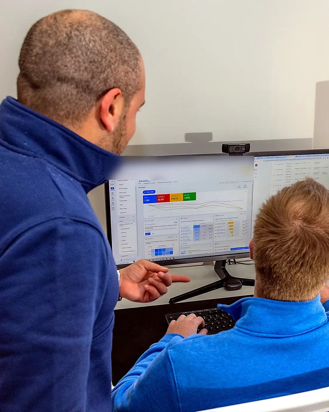 Two Elevated Audience strategists reviewing a client's advertising account together