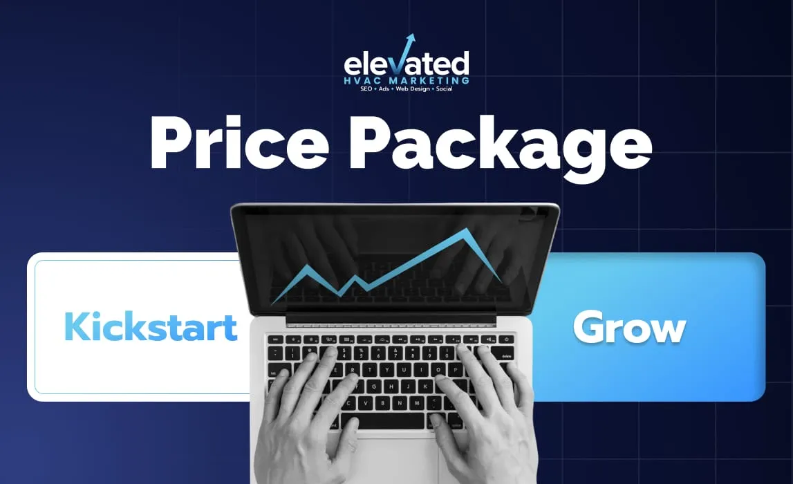 Kickstart and Grow marketing packages shown beside a laptop performance chart.