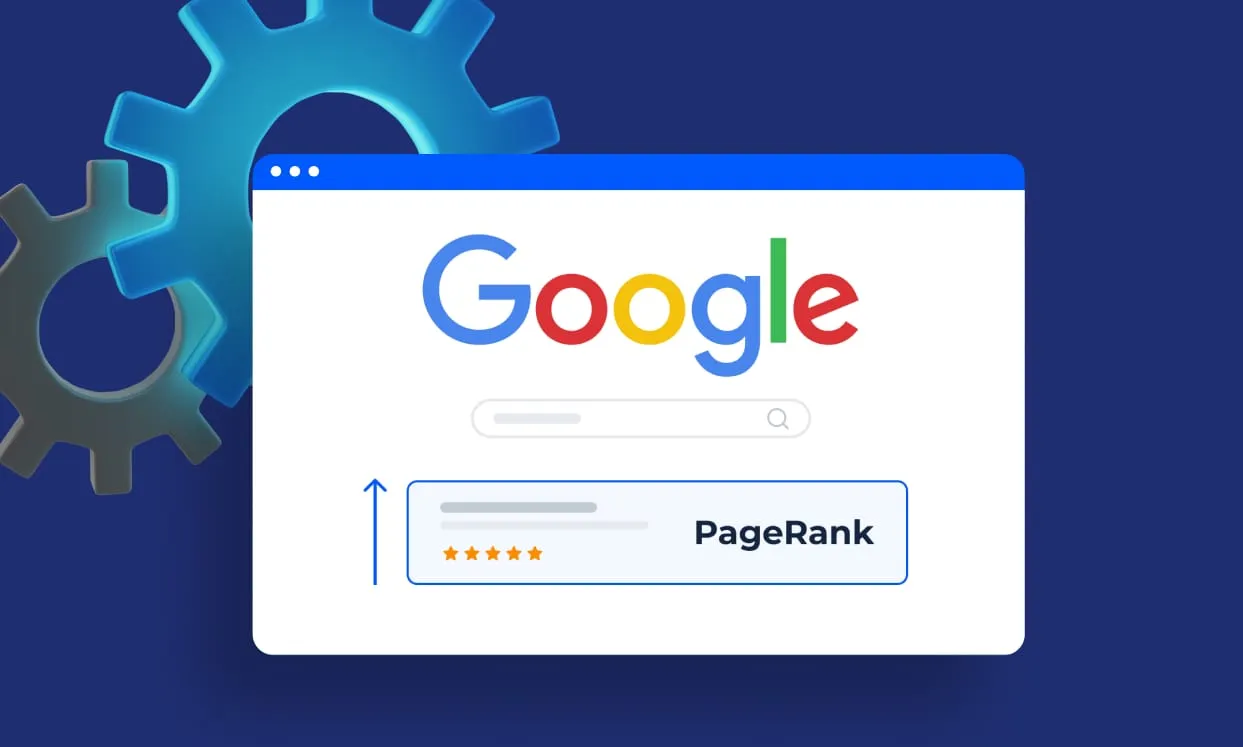 A browser window showing the Google logo, a search bar and a five-star search result labelled PageRank with an upward arrow.