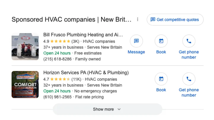 Google Local Services Ads for HVAC companies near New Britain, showing ratings and message, booking and phone actions.