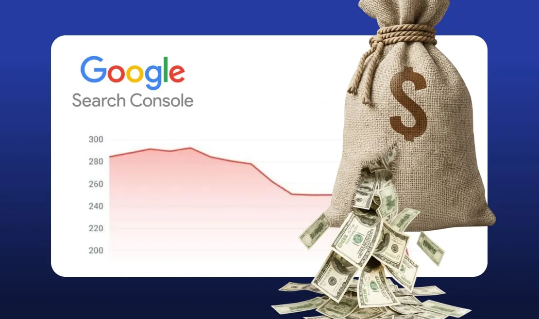 Illustration of a declining Search Console graph beside a bag of money.
