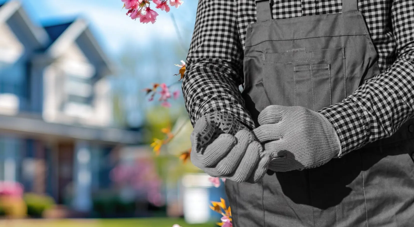 A contractor in overalls pulling on work gloves outside a home framed by spring blossom.