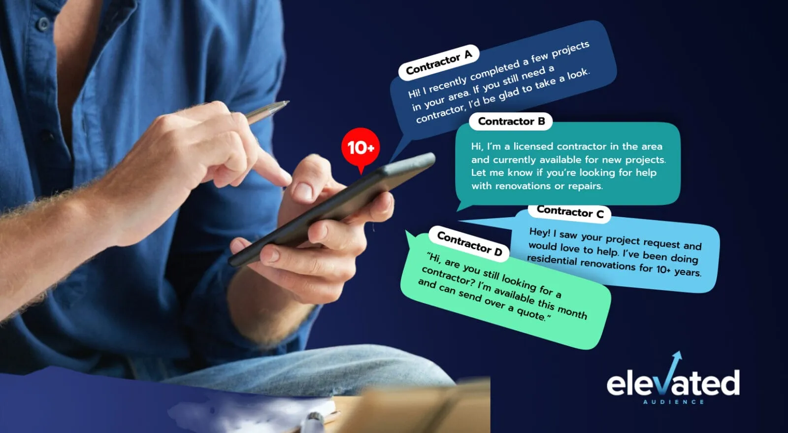 Homeowner checking phone with multiple contractor inquiries and service messages