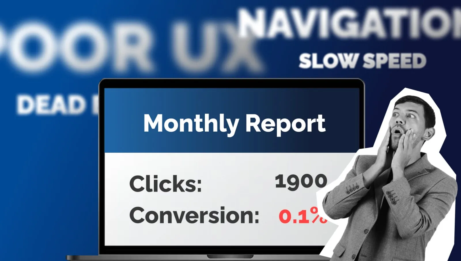 A laptop showing a monthly report with 1,900 clicks and a 0.1% conversion rate beside a shocked man, with 'Poor UX', 'Navigation' and 'Slow Speed' blurred behind it.