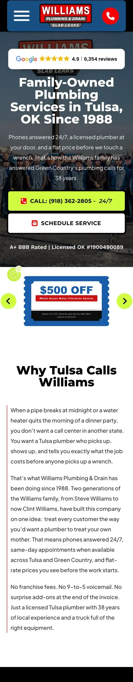 The Williams Plumbing & Drain website on a phone